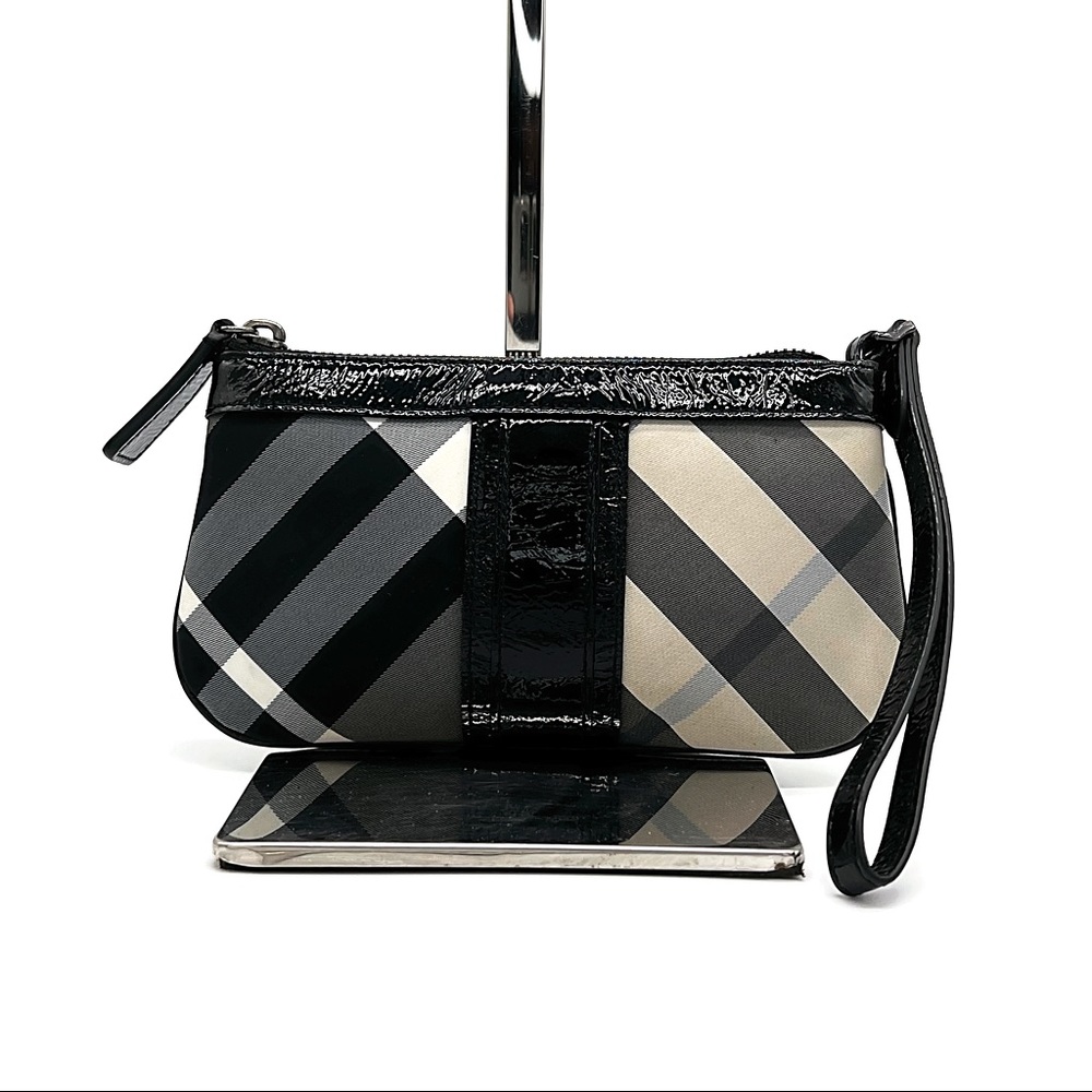 Burberry Beat Check Nylon & Black Patent Leather Trim Wristlet